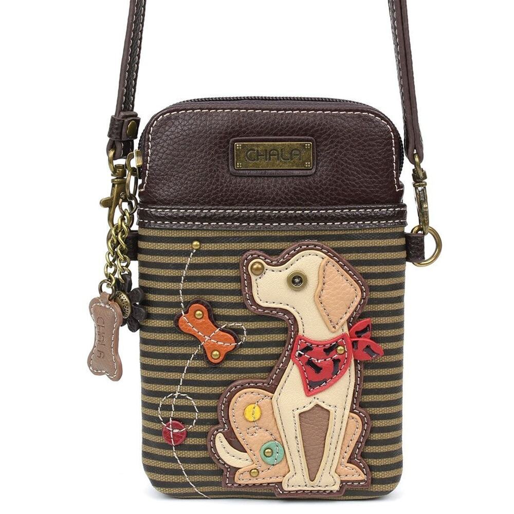 Chala Faux Leather Cellphone Crossbody Purse - Yellow Lab, Olive Stripe NWT
